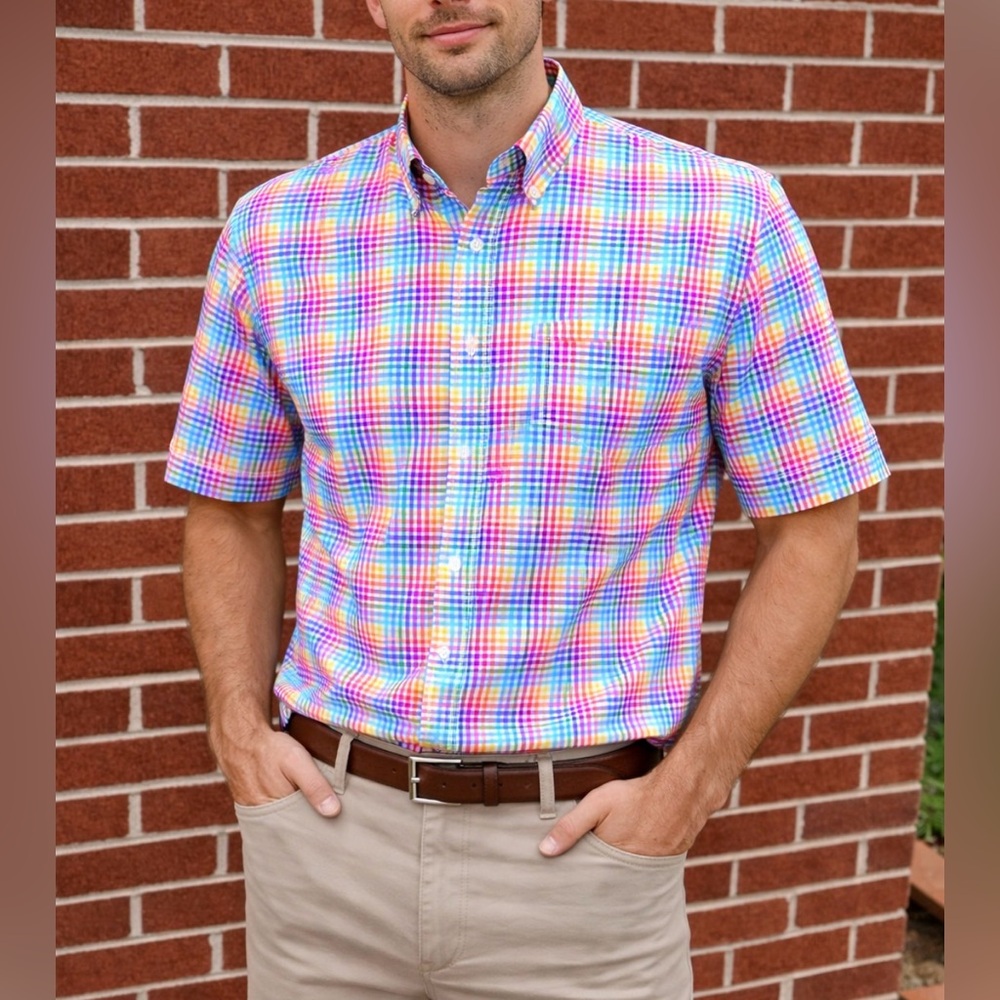 -ALAN FLUSSER Luxury Button Down Colorful Plaid Checkered S/S Casual Men's Sz XL